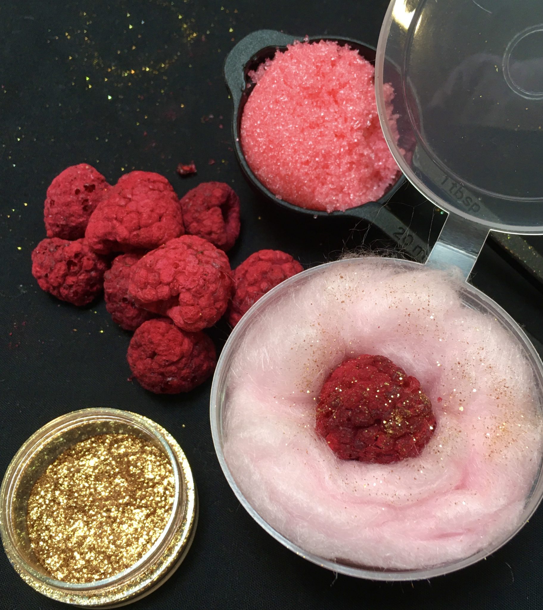 Glitter Drink Bombs + Raspberries Candy Floss Cakes